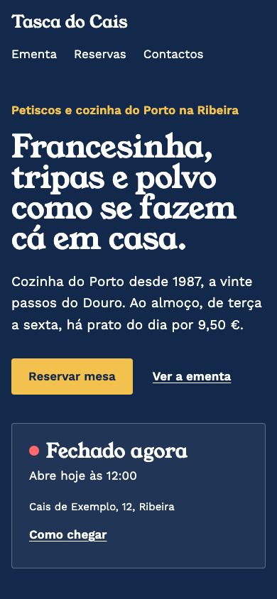 Página inicial do tema Azulejo no telemóvel (site de demonstração)