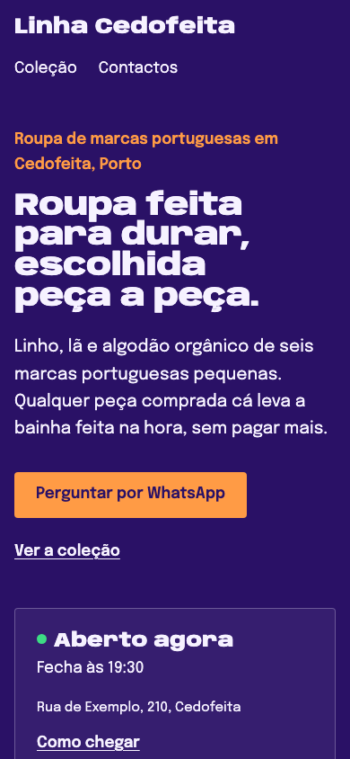 Página inicial do tema Esquina no telemóvel (site de demonstração)