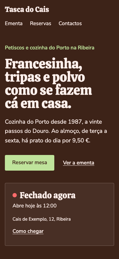 Página inicial do tema Fornada no telemóvel (site de demonstração)