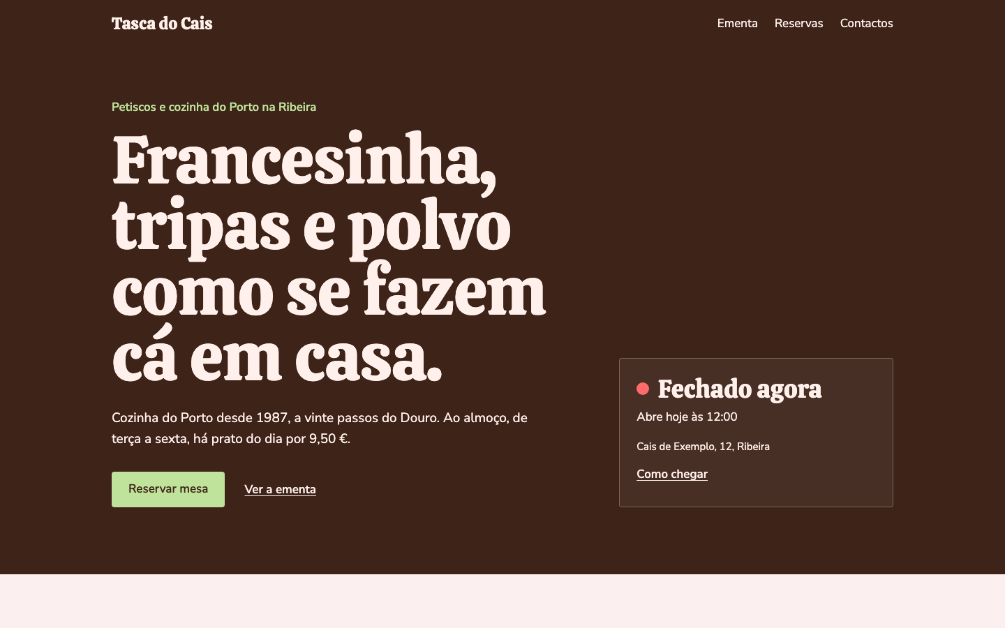 Página inicial do tema Fornada no computador (site de demonstração)