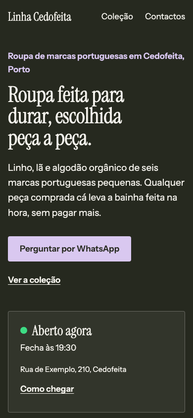 Página inicial do tema Linho no telemóvel (site de demonstração)