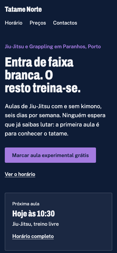 Página inicial do tema Tatame no telemóvel (site de demonstração)