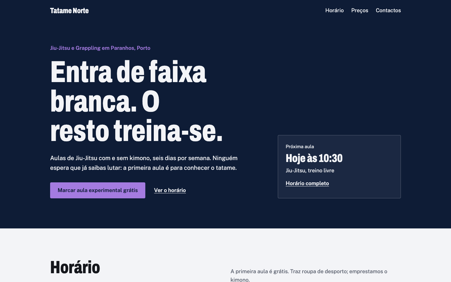 Página inicial do tema Tatame no computador (site de demonstração)