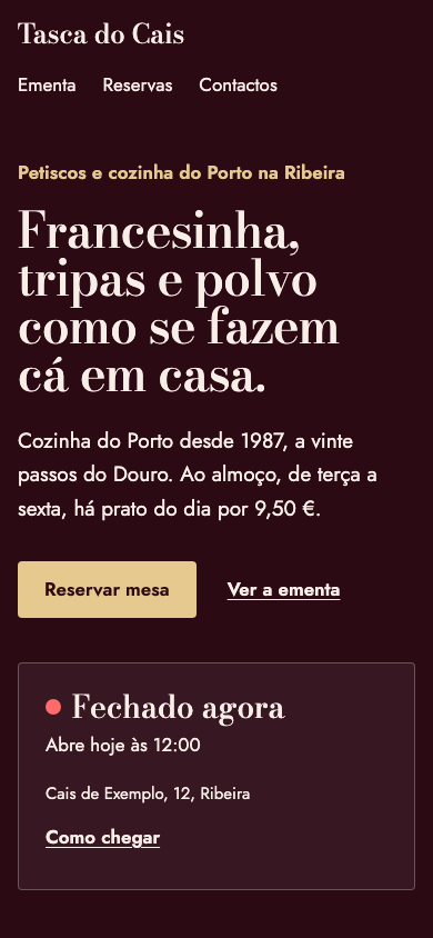 Página inicial do tema Veludo no telemóvel (site de demonstração)